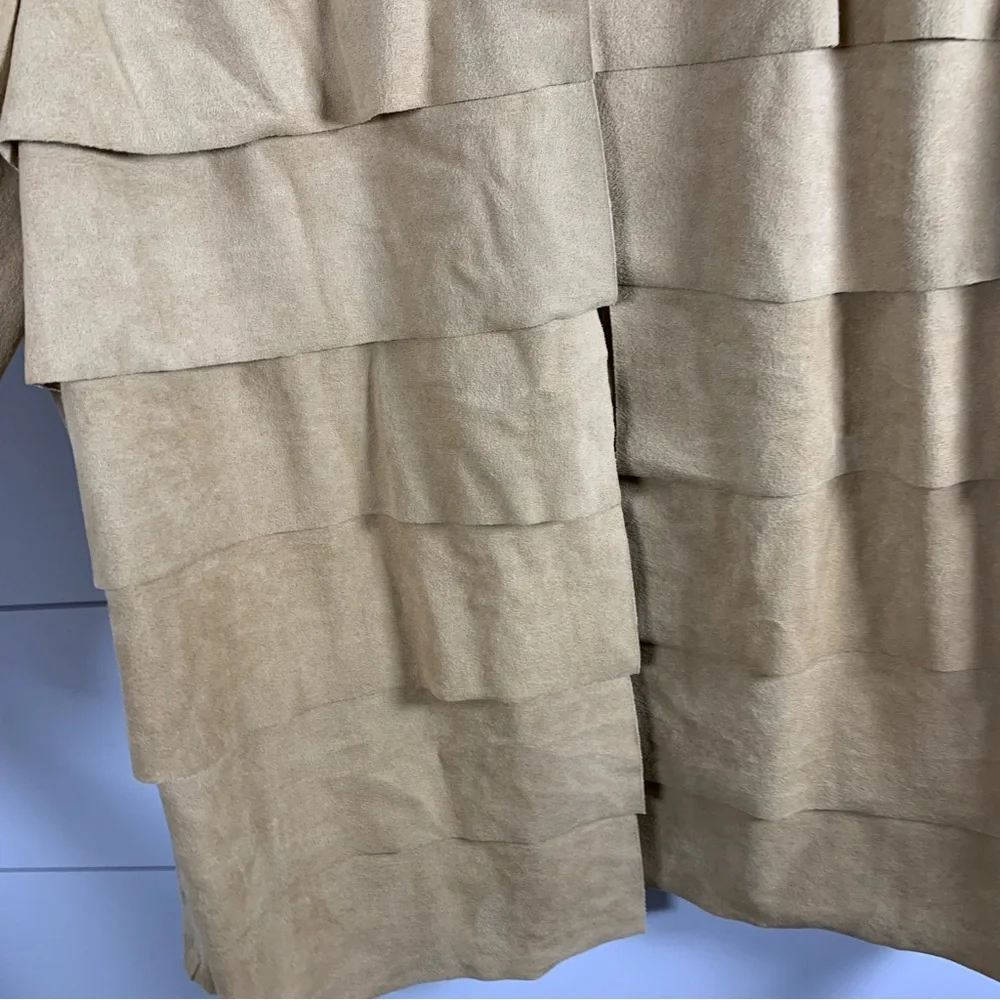 Chico’s Travelers Faux Suede Tiered Jacket Tan Sz 2 Large Southwestern Boho EUC‎